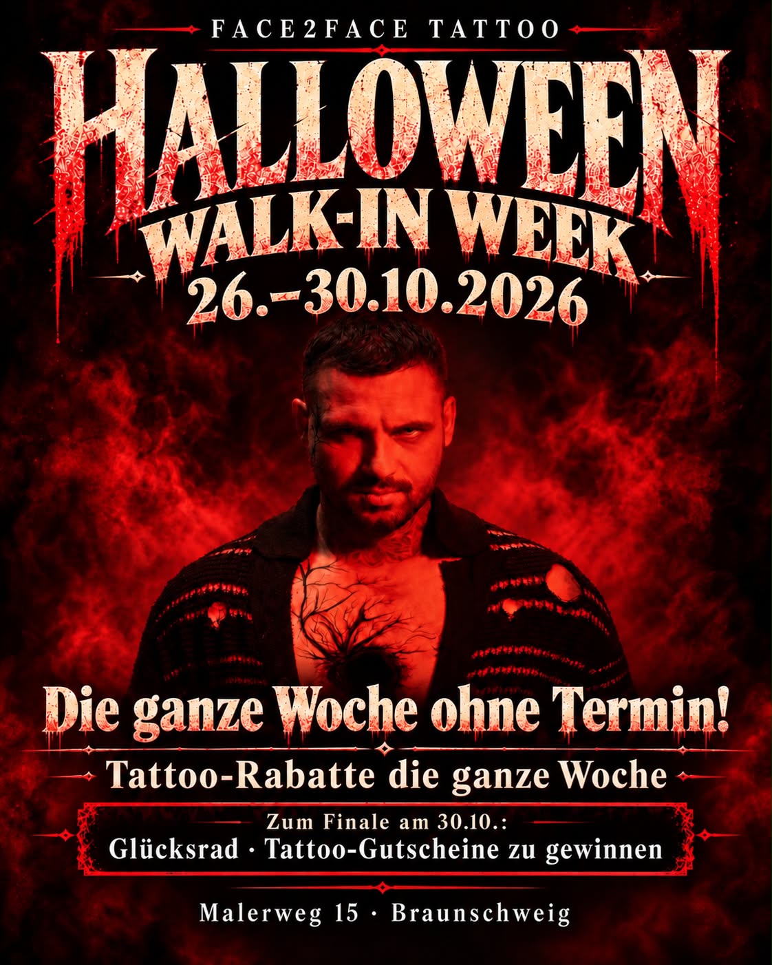 Halloween Walk-in Week 26.–30.10.2026 bei Face2Face Tattoo